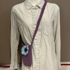 New no tag, handmade Purple Crochet Crossbody/sell phone bag with Flower Accent